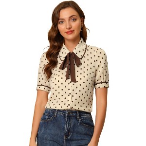 Allegra K Women's Polka Dots Peter Pan Collar Tie Neck Short Sleeve Shirt - 1 of 4
