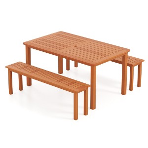 Tangkula Set of 3 Patio Dining Set Solid Wood Dining Table w/2 Benches 2" Umbrella Hole - 1 of 4