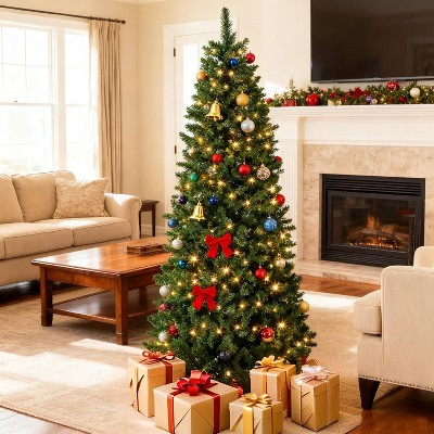 Artificial Christmas Tree, Pre-Lit Pencil Christmas Tree, Dual LED Light, Xmas Tree Holiday Decoration for Home Party