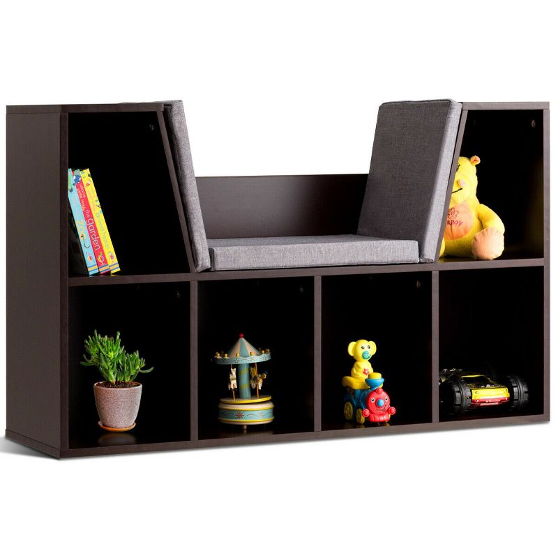 Costway 6 Cubby Kid Storage Cabinet Cushioned Bookcase Multi-Purpose Reading Shelf Brown, 1 of 11