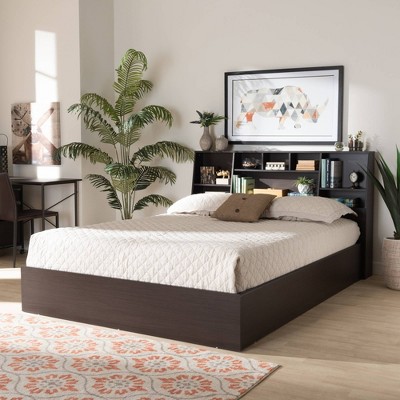 Ergonomic Queen Geoffrey Dark Brown Wood Storage Bed with Bookcase Headboard