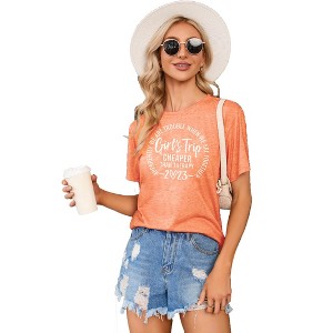 Women's Summer Short Sleeve T-Shirt Casual Round Neck Funny Letter Print Graphic Tee Shirts - 1 of 4