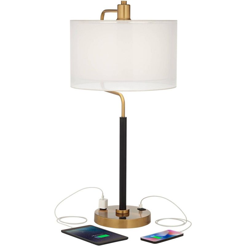 Possini Euro Design Carlyle Modern Mid Century Desk Lamp 30 1/2" Tall Gold with USB and AC Power Outlet in Base Double Drum Shades for Living Room, 3 of 10