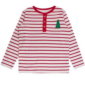RuggedButts Toddler Boys Holiday Gingham Knit Long Sleeve Embroidered Henley Tee - Christmas Tree Red Stripe, 2T - 1 of 2
