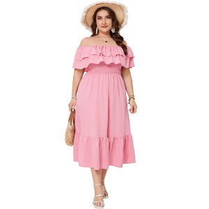 Women Plus Size Off Shoulder Maxi Dress Ruffle Flowy Summer Casual Boho Long Dresses - 1 of 4