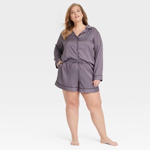 Women's Luxury Collection Shadow Striped Satin Notch Collar Top and Shorts Pajama Set - Auden™ - 1 of 3