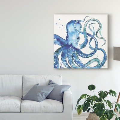 Anne Tavoletti Blue and Green Octopus Wrapped Canvas Art, 14'' x 14''