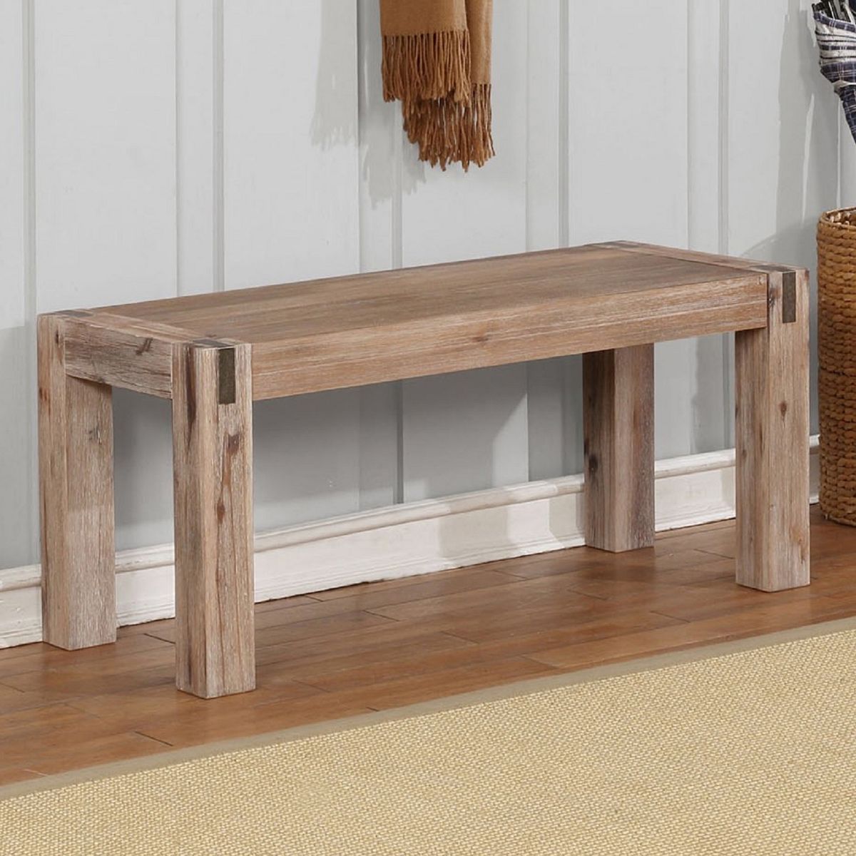 40" Woodstock Acacia Wood with Metal Inset Wide Bench Brushed Driftwood - Alaterre Furniture