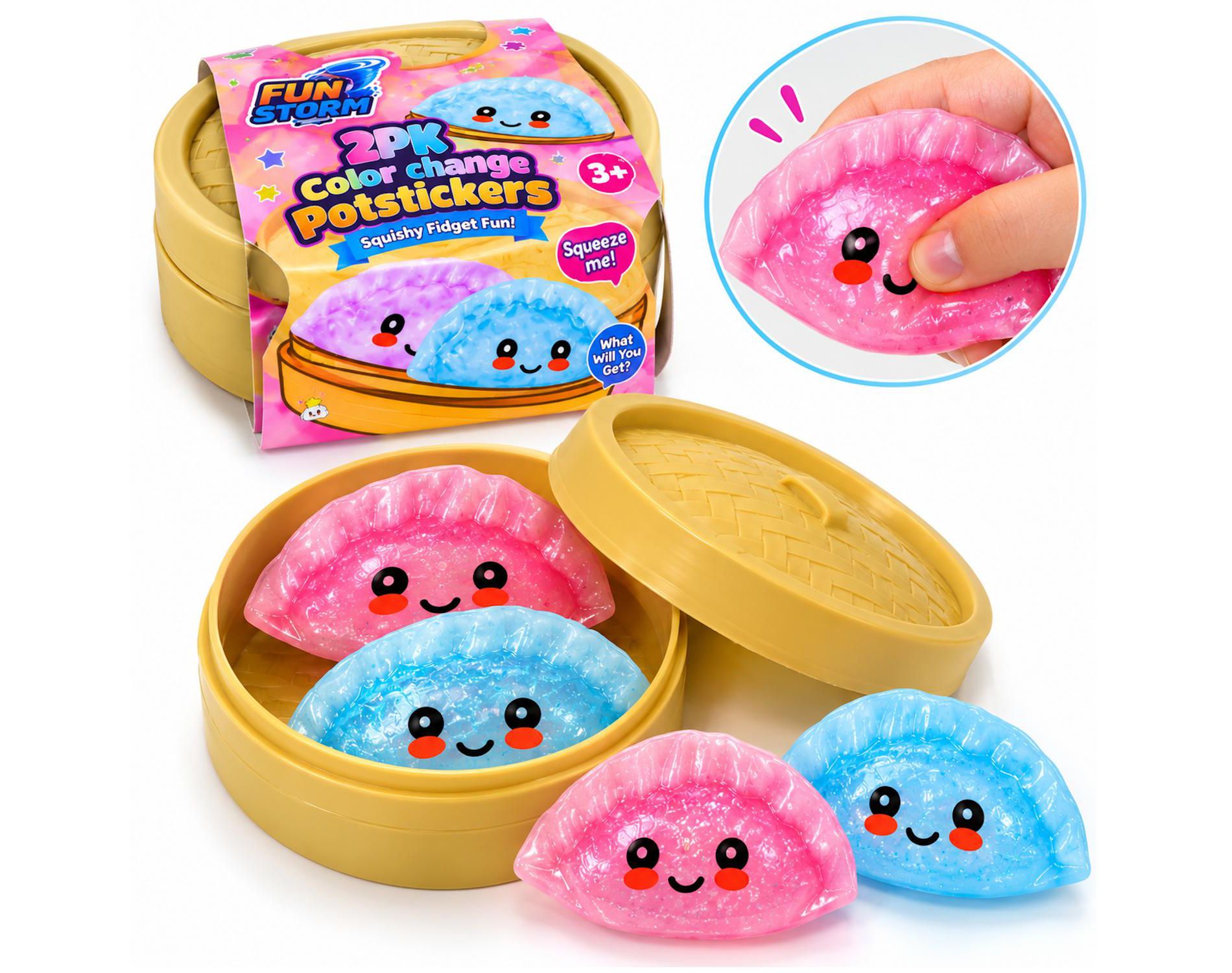 Fun Storm 2-Pack Color Changing Potsticker Squishy Toys Soft Dumpling Sensory Fidget Stress Relief with Container Assorted Colors Ages 3+
