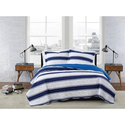 Twin XL 2pc Watins Stripe Quilt Set White/Blue - London Fog