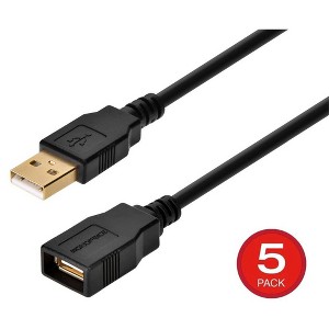 Monoprice USB Type-A to USB Type-A Female 2.0 Extension Cable - 3 Feet - Black (5 Pack) 28/24AWG, Gold Plated Connectors - 1 of 4