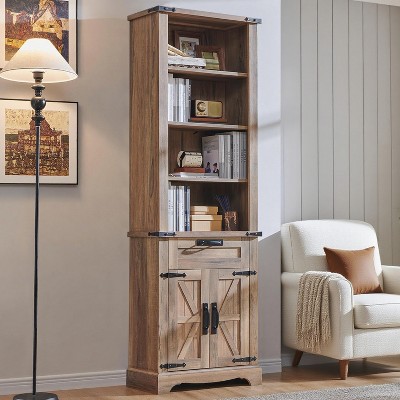 Farmhouse Bookshelf with Storage Cabinet, 72" Tall Bookcase with Drawer and Barn Door for Office Library, Living Room