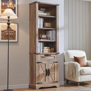 Farmhouse Bookshelf with Storage Cabinet, 72" Tall Bookcase with Drawer and Barn Door for Office Library, Living Room - 1 of 4