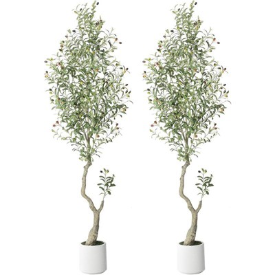 5FT（2PCS) Tall Faux Olive Tree，  with White Planter and Green Fake Moss for Home Office Living Room Bedroom Stairs Foyer Decor