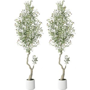 5FT（2PCS) Tall Faux Olive Tree，  with White Planter and Green Fake Moss for Home Office Living Room Bedroom Stairs Foyer Decor - 1 of 4