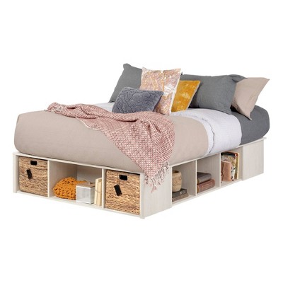 Full Oak Storage Bed with Rattan Baskets and Bookcase