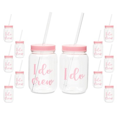 Blue Panda 12 Pack I Do Crew Bachelorette Party Cups with Lids, Pink Bridal Shower Mason Jar Gifts (18 oz)