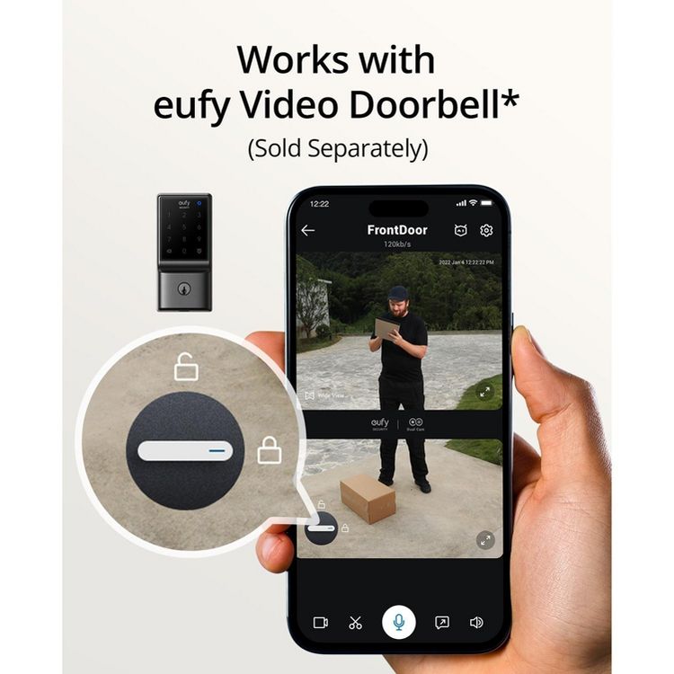 A smartphone screen displays a live video feed from a front door camera, with a close-up of a lock icon, and text above stating "Works with eufy Video Doorbell* (Sold Separately)."