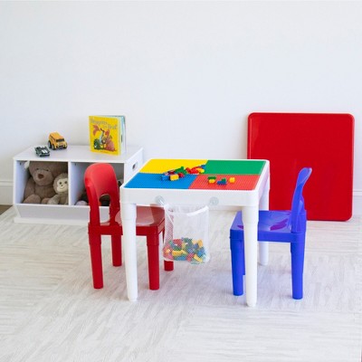 White and Primary Plastic Kids Activity Table with 2 Chairs and Building Blocks