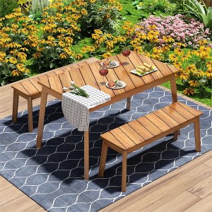 3 Pieces Acacia Wood Table Bench Dining Set, Patio Furniture Dining Table With 2 Benches, Outdoor Lounge Furniture, Natural - 1 of 4