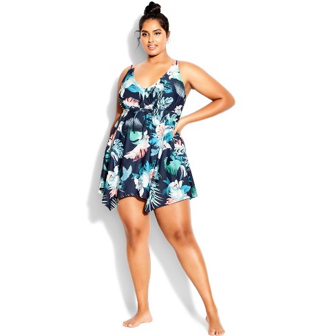 landing Til meditation fortvivlelse Women's Plus Size Sharkbite Print Swim Dress - Blue Tropical Print | Evans  : Target