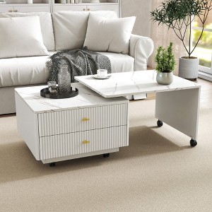 ORRD White Extendable Coffee Table w/ Storage, 2 Drawers & 6 Wheels – Reversible Design - 1 of 4