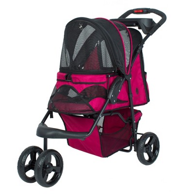 PETIQUE Durable Folding 3-Wheel Pet Stroller for Dogs & Cats with Mesh Sides, Storage Pockets, Cupholders, and Washable Pad Razzberry