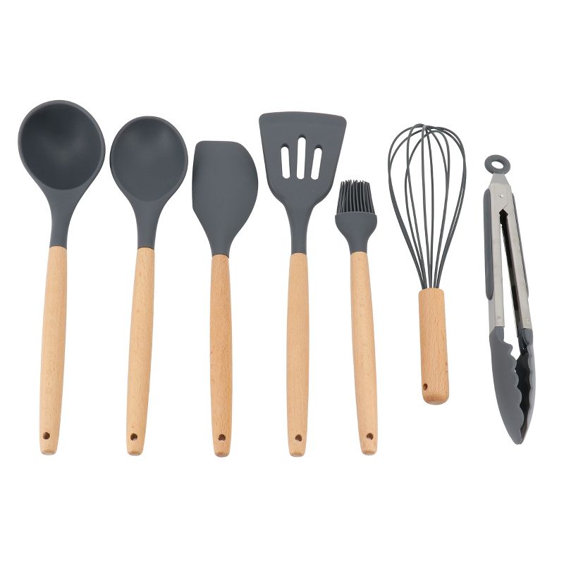 Gibson Home Holton 7 Piece Silicone Beech Wood Kitchen Tool Set in Grey, 1 of 6