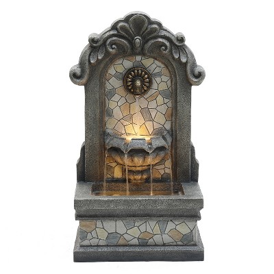 LuxenHome 27" H Gray Resin Classic Wall Freestanding Outdoor Water Fountain with Lights