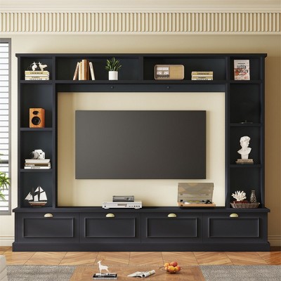 Large Wall Mount Entertainment Center With Bookshelf For Tv Under 78 Inches, Modern Tv Console With Cabinets, 4-In-1 Tv Stand With Gold Handles