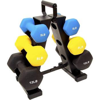 BalanceFrom Fitness 3 Pair Neoprene Coated 5, 8, and 12 Pound Dumbbell Weight Set for Various Strength Training Workouts with Storage Rack Stand