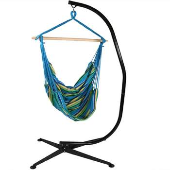 Sunnydaze Jumbo Extra Large Hanging Rope Hammock Chair Swing with C-Stand - 300 lb Weight Capacity - Ocean Breeze