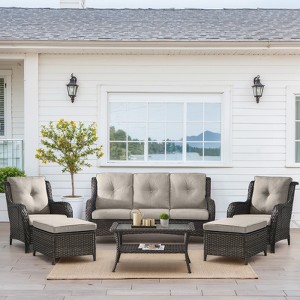 Buenhomino 6 Pieces Patio Furniture Set, Wicker Patio Conversation Sets, Outdoor Rattan Sofa Chairs with Coffee Table, High Back, Ottoman, Cushions - 1 of 4