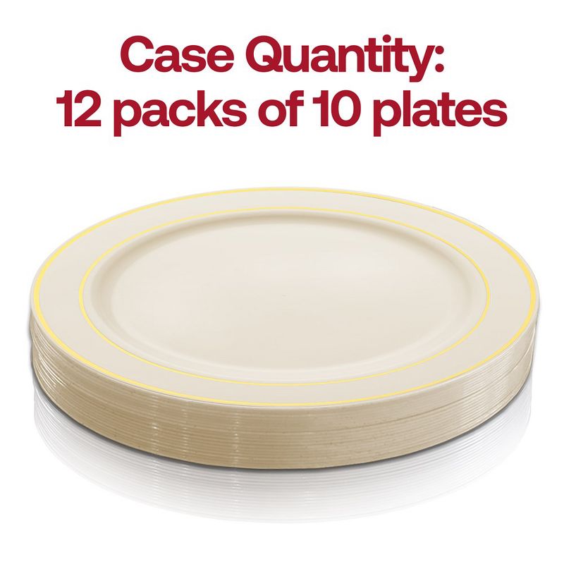 Smarty Had A Party 10.25" Ivory with Gold Edge Rim Plastic Dinner Plates (120 Plates), 3 of 7