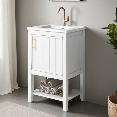 20" Bathroom Vanity Cabinet with Ceramic Sink Top Set,Freestanding, Two-Tier Storage Rack, Soft Closing Door - Leovsnove