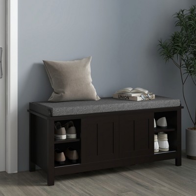 Black Wood Entryway Shoe Storage Bench with Padded Seat