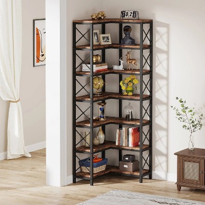 Hommoo 78.7”Tall 7 Tier Industrial Corner Bookshelf Brown