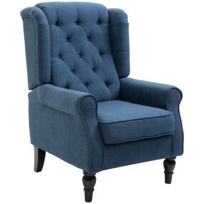 Blue Button-Tufted High Wingback Accent Chair with Wood Legs