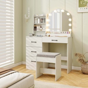 Costway Vanity Set with Mirror and Lights Dressing Table and Chair 4 Drawers 3 Open Shelves Black/White - 1 of 4