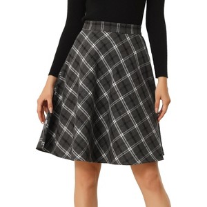 Women's Vintage Plaid A-Line Skirt - Tartan Knee Length Skirt with Elastic Waist Dark Grey - 1 of 4