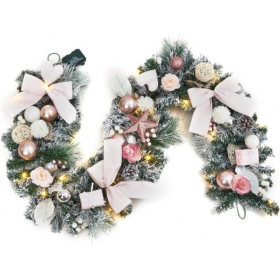 6ft Christmas Garland, Holiday Xmas Garland with Pink Bows & Balls Ornaments, Pine Cones & Gift Box for Stairs Mantle Indoor Outdoor Decor