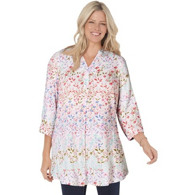 Woman Within Plus Size Rayon 7-Day Three-Quarter Sleeve Tab-Front Tunic
