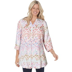 Woman Within Plus Size Rayon 7-Day Three-Quarter Sleeve Tab-Front Tunic - 1 of 4