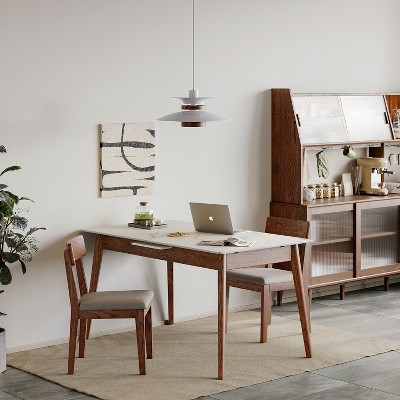 Vynxaria Walnut solid oak and white slate round corner diagonal leg telescopic table 1.2-1.5m, for 6-8 people to meet Dining table wood (walunt)