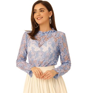 INSPIRE CHIC Women's Crochet Lace See-Through Ruffle Frill Neck Floral Elegant Blouse - 1 of 4