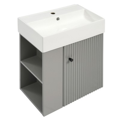 Vynxaria 21.6" Bathroom Vanities Gray Floating Vanity with Ceramic Basin & Left Side Storage 26.4"H
