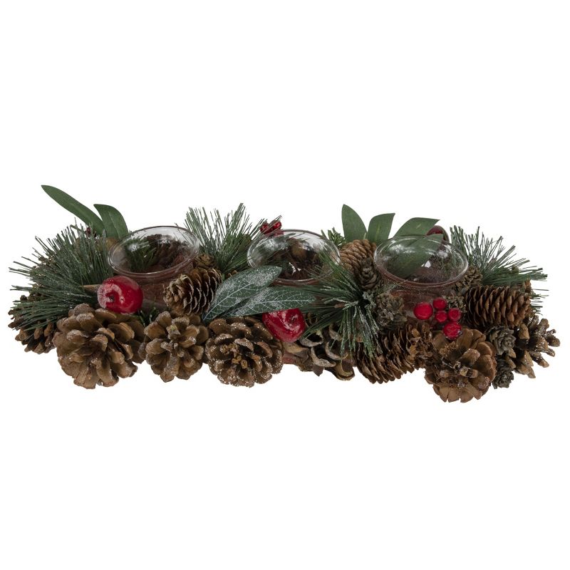 Northlight 15.25" Glitter Pinecones and Red Berries Tealight Christmas Candle Holder, 1 of 6