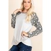 Slickblue Chic Casual French Terry Top with Animal Print Sleeves - Side Twist Design, Oat/Red, S/M/L - 3 of 4