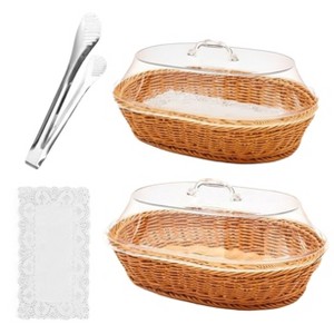 Aoibox Rattan Bread Baskets Set with Acrylic Lids, Stainless Steel Tongs & Lace Doilies for Bread, Fruit & Food Display - 2 Pack - 1 of 4