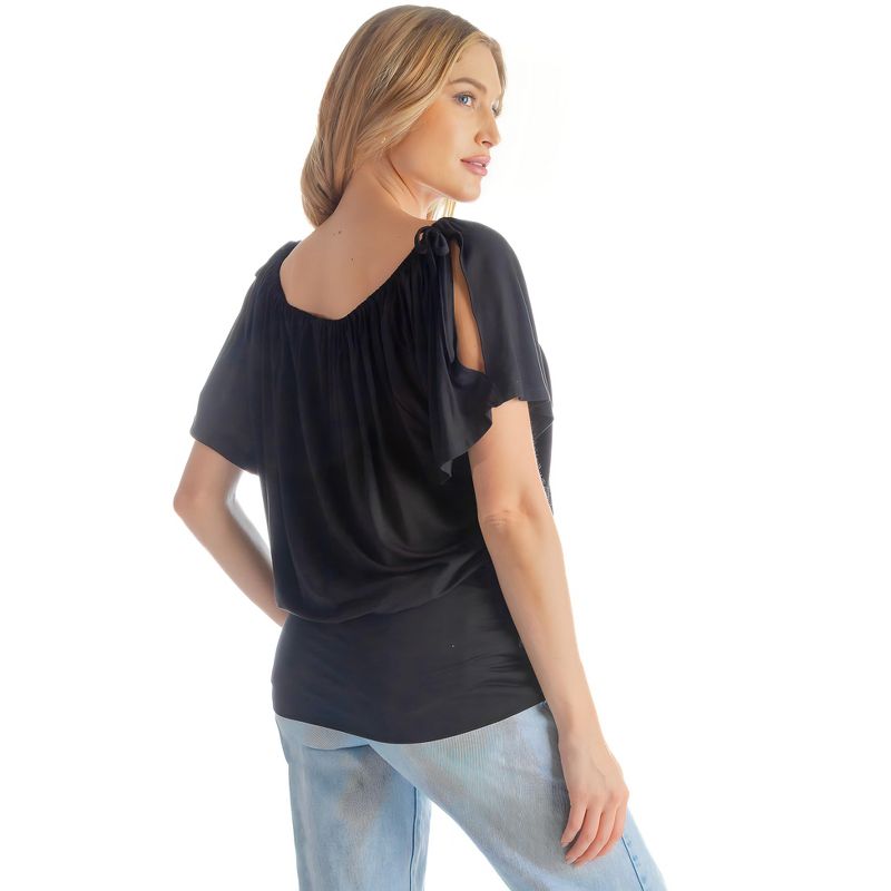 24seven Comfort Apparel Womens Solid Color Short Sleeve Split Shoulder Top, 3 of 7